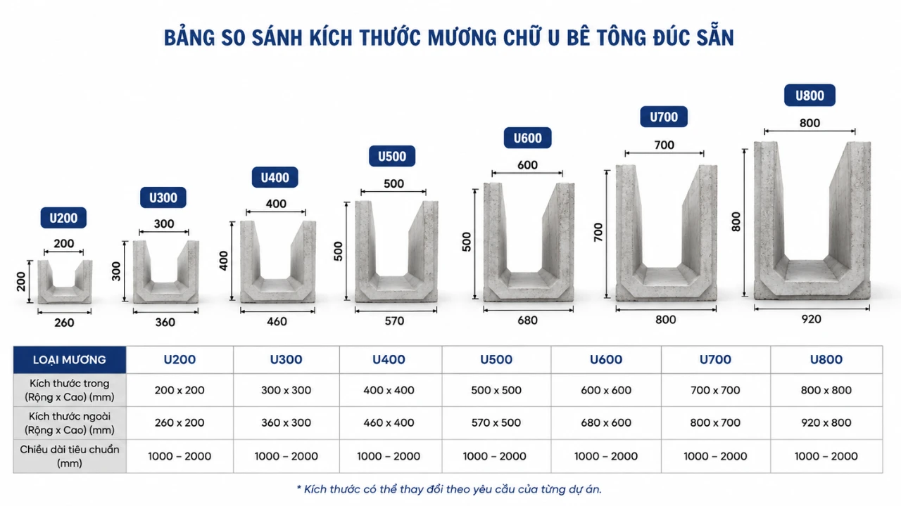 Đa dạng kích thước mương chữ U bê tông đúc sẵn tại Bà Rịa Vũng Tàu – từ U200 đến U800