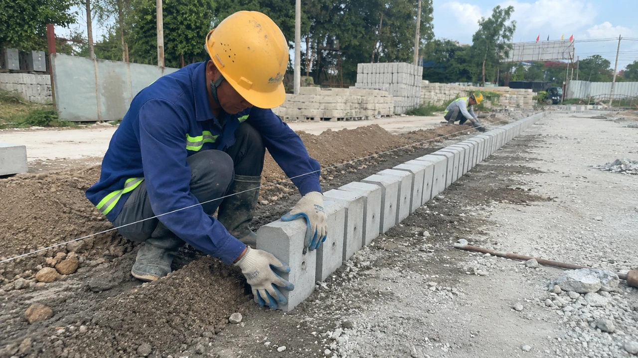 Quy trình lắp đặt bó vỉa bê tông đúng kỹ thuật theo dây căng mốc tại công trình hạ tầng Quy trình lắp đặt bó vỉa bê tông đúng kỹ thuật theo dây căng mốc tại công trình hạ tầng